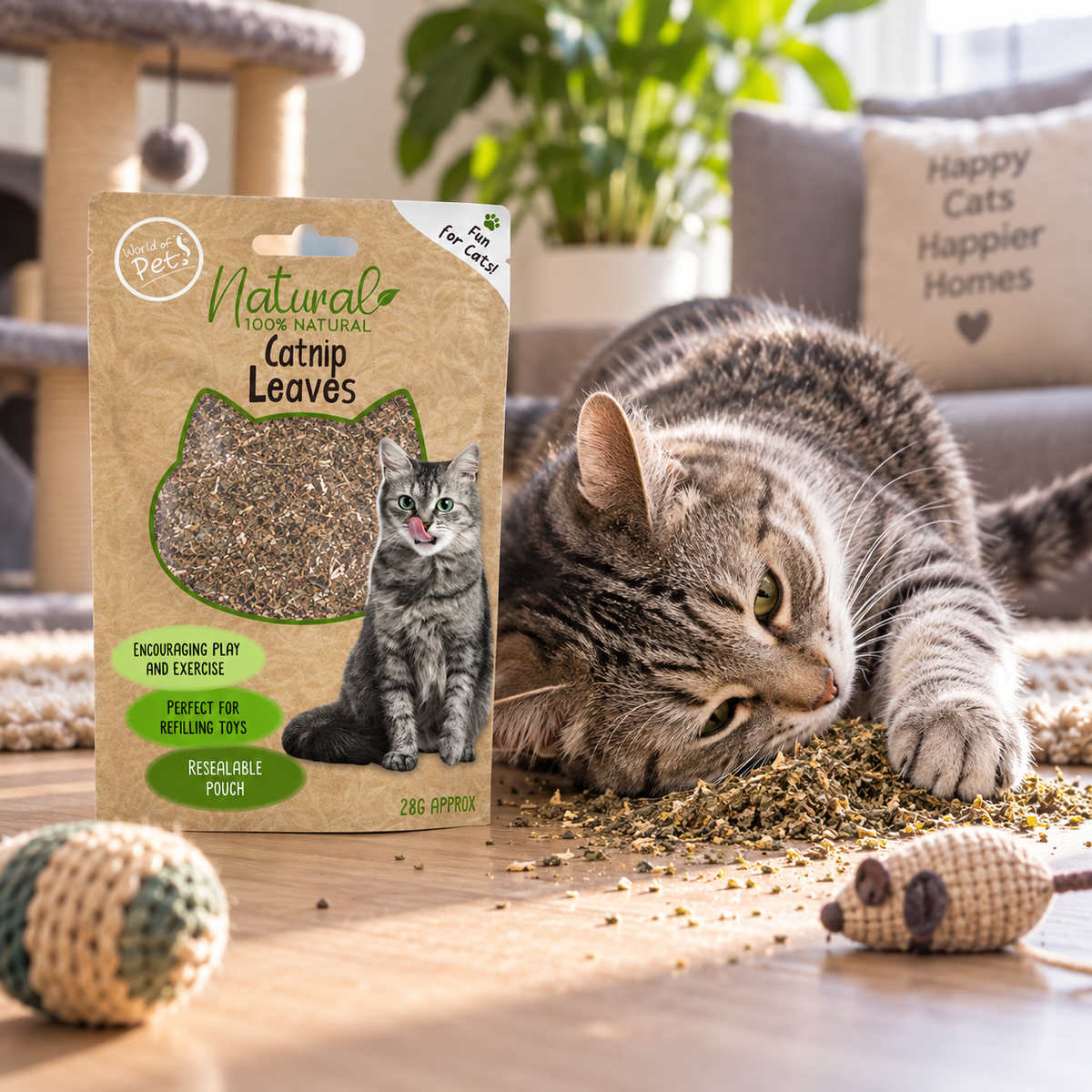 A package of pet catnip leaves is shown standing next to a gray tabby cat lying on a wooden floor with scattered catnip leaves. The package is kraft paper with a green cat-shaped cutout showing the dried leaves inside.