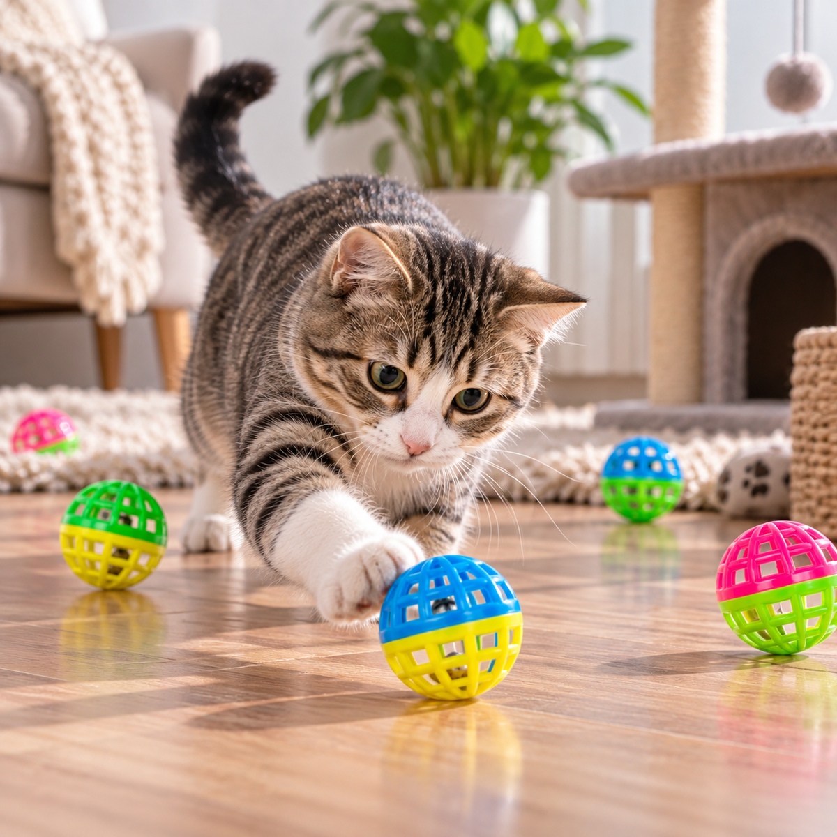 A tabby and white cat plays with colorful plastic ball toys on a wooden floor in a cozy indoor room with a cat tree and plant in the background.
