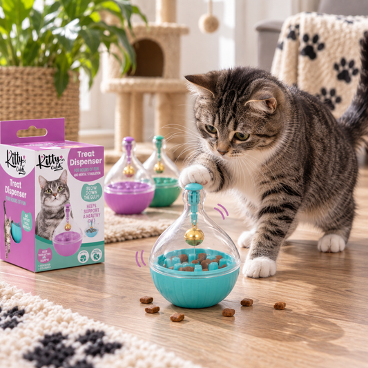 A tabby cat interacts with a turquoise pet treat dispenser bowl on a wooden floor, with the product box and additional colorful dispensers in the background. The box shows the brand Kitty A's.