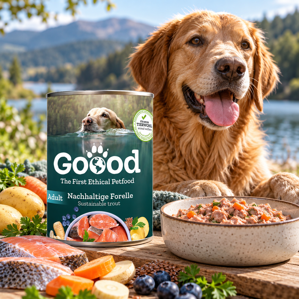 A golden retriever sits outdoors beside a lake with mountains in the background, with a can of Good pet food and a bowl of wet food placed on a wooden table in the foreground. The scene includes salmon, potatoes, blueberries, and herbs.