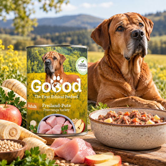 A can of Goood dog food stands on a wooden table in a sunny outdoor field setting, with a brown dog sitting behind it and a bowl of wet pet food in front. Raw chicken, apple, carrots, and grains are also visible around the setup.