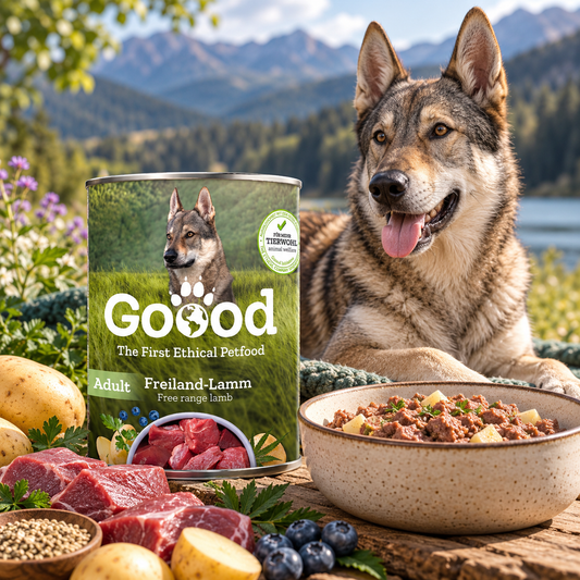 A can of Good Petfood dog food stands on a wooden table outdoors, surrounded by raw meat, potatoes, blueberries, and a bowl of wet dog food, with a wolfhound dog lying beside it against a mountain and lake background.