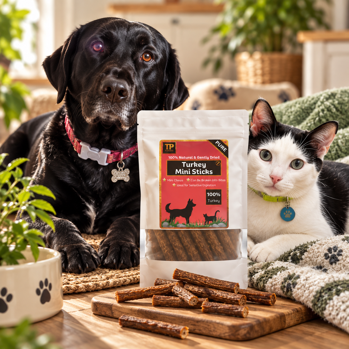 A bag of TP Turkey Mini Sticks dog treats stands on a wooden surface between a black dog and a black-and-white cat in a cozy indoor setting. Several brown treat sticks are scattered in front of the bag, with plants and a blanket visible in the background.