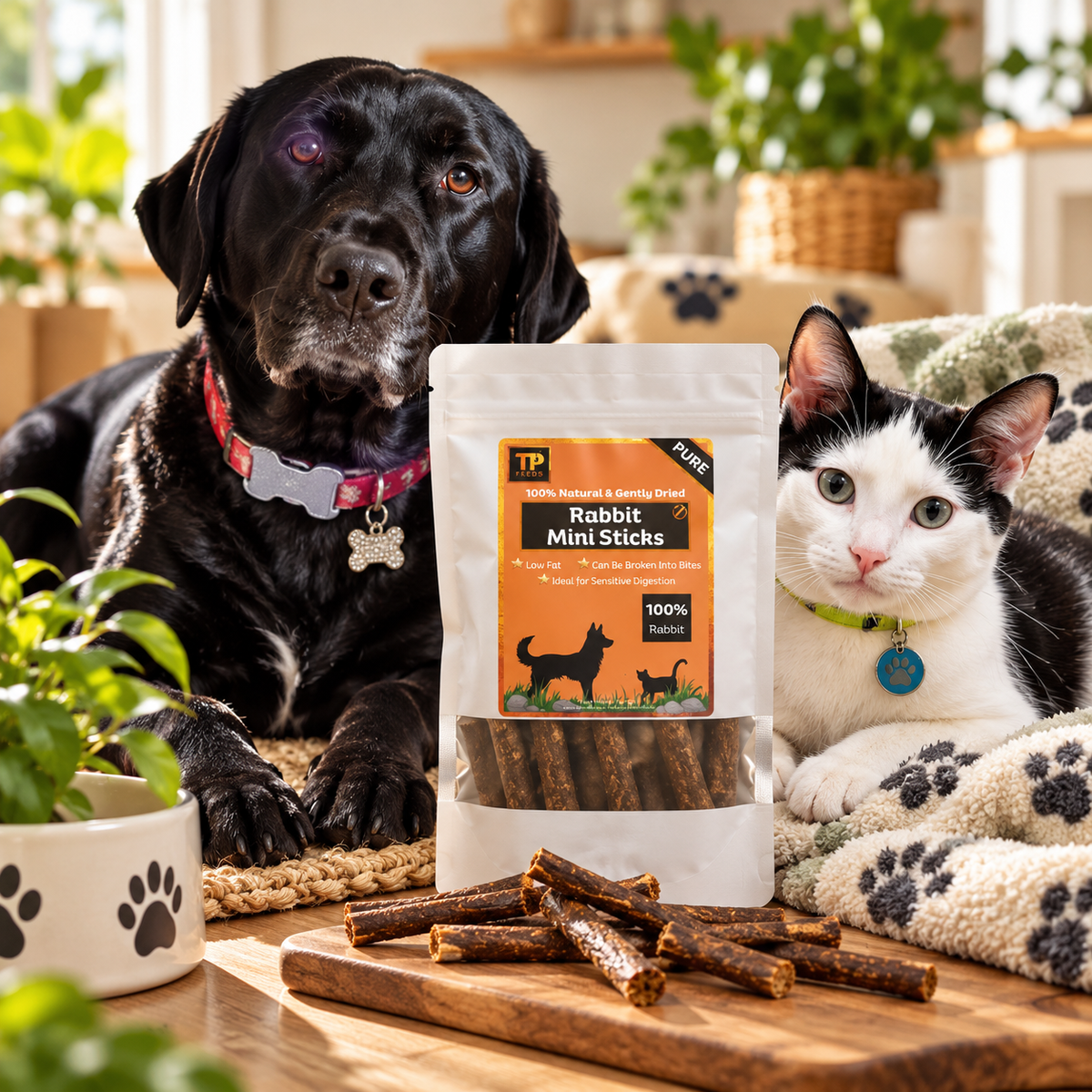 A bag of TP Rabbit Mini Sticks dog treats is displayed on a wooden table with several sticks in front, styled with a black dog and a black-and-white cat in a cozy home setting.