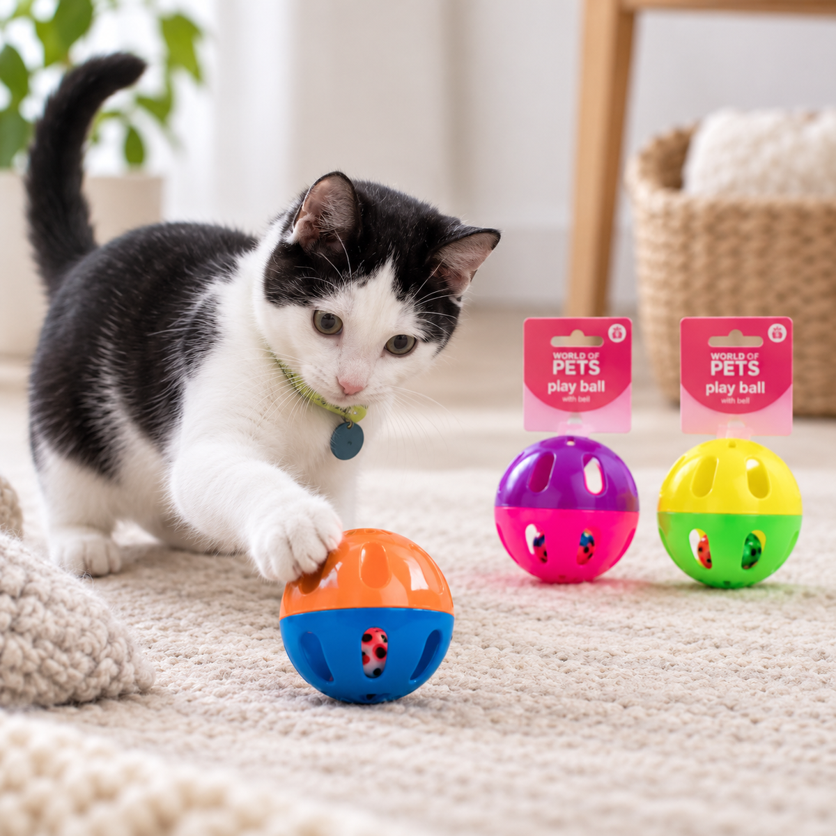 A black-and-white cat is playing with a colorful pet toy ball on a beige carpet, with two more packaged pet play balls in the background. The packages read 'for pets play ball.