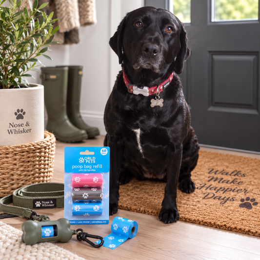 A black dog sits on a doormat in a front entryway while a packaged pet leash and poop bag refill set are placed on the floor nearby. The dog wears a red patterned collar, and the entryway includes a potted plant, green boots, and a woven doormat.