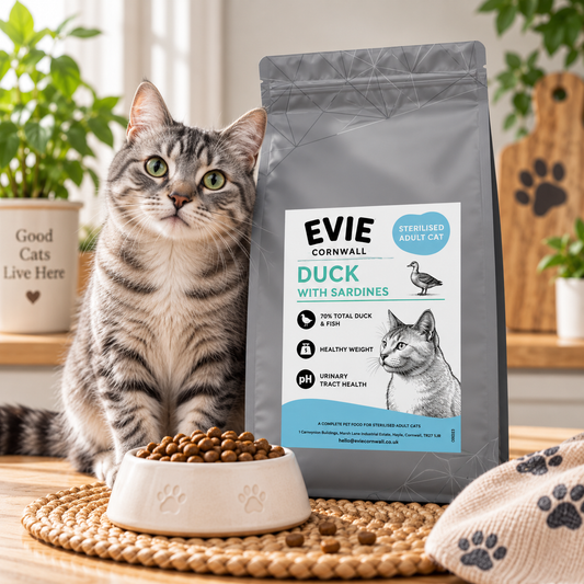 A gray bag of EVIE Cornwall Duck with Sardines cat food stands on a woven mat next to a gray tabby cat and a white bowl of kibble, with indoor plants and a wooden cutting board in the background.