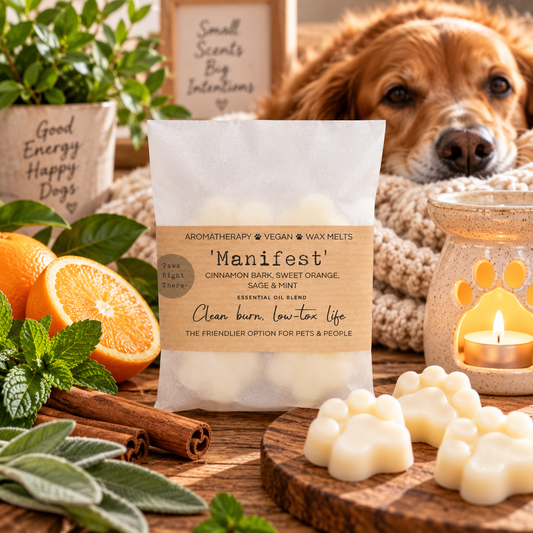 A bag of Manifest Aromatherapy wax melts stands on a wooden surface in a styled setting with a dog in the background, oranges, mint, cinnamon sticks, and white wax melts in paw-shaped containers in the foreground.