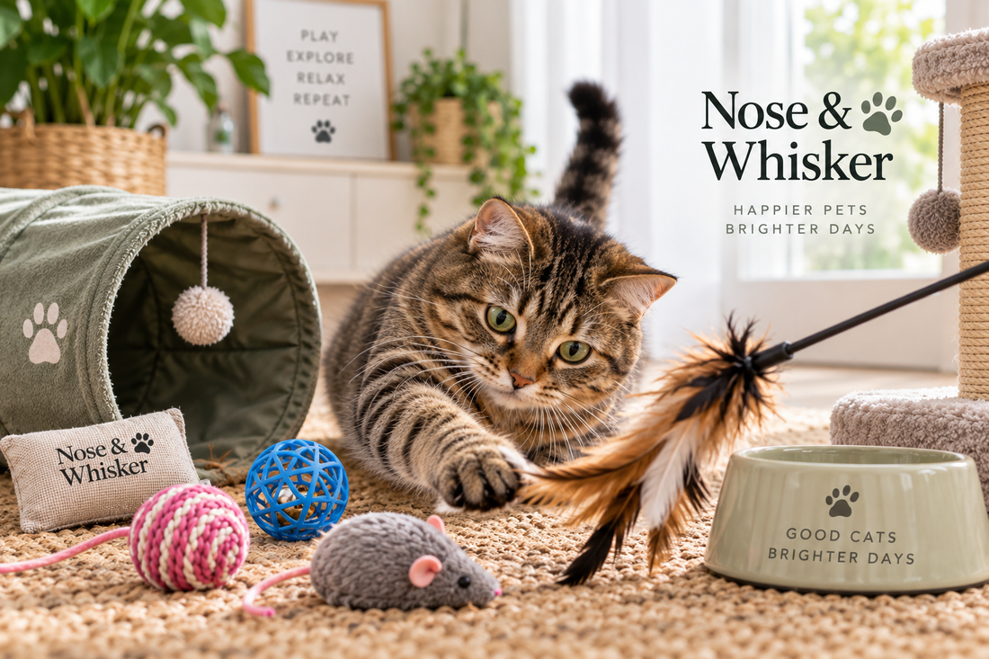 Playful tabby cat enjoying interactive toys and a feather wand from Nose & Whisker