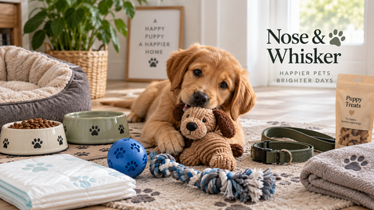 Golden retriever puppy surrounded by new puppy essentials including toys, bowls, training pads, collar and lead