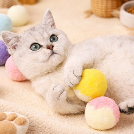 Cat playing with colorful balls on a soft surface