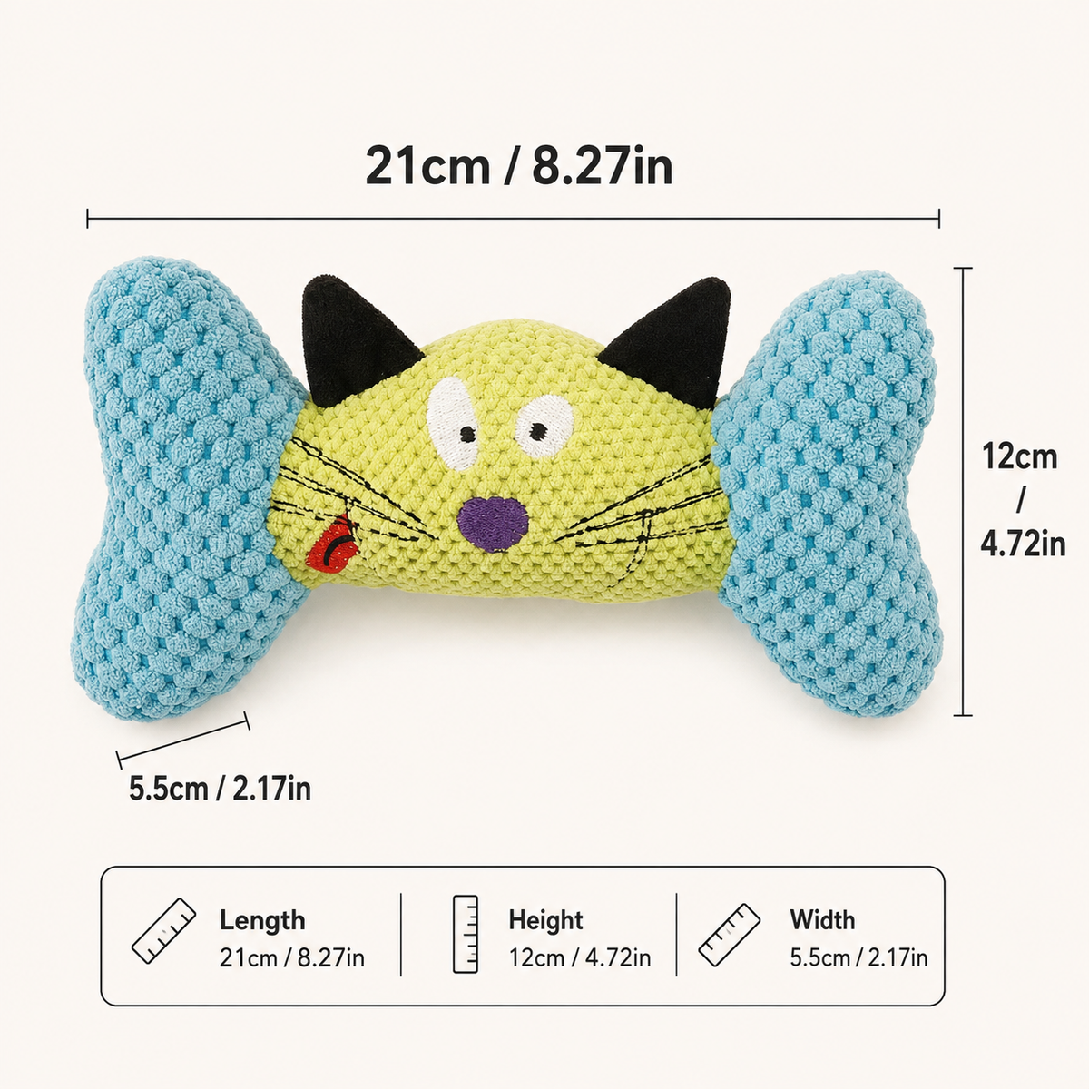 Crocheted cat-shaped dog toy with blue bone ends and a yellow face, shown with measurement lines and dimensions on a light beige background.
