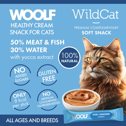 Woolf WildCat cat snack packaging with a cat and product details on a blue background