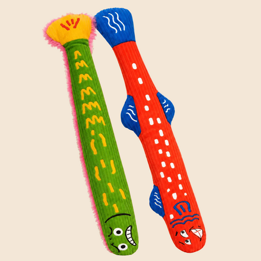 Two colorful dog toys with different designs on a white background