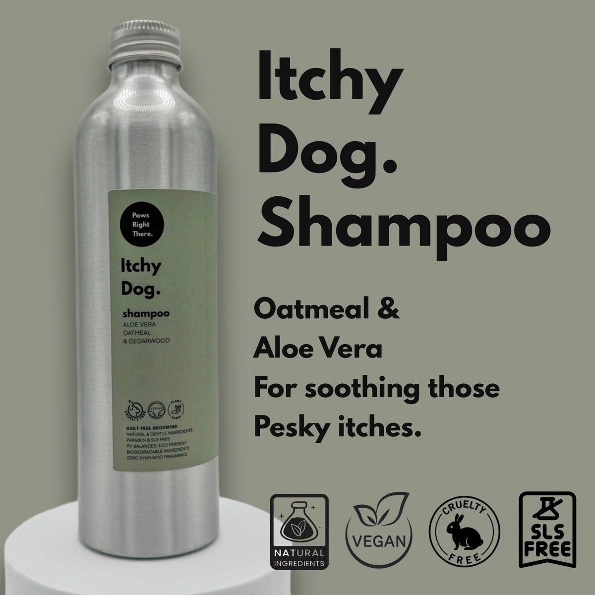 Itchy Dog shampoo bottle with product details on a gray background