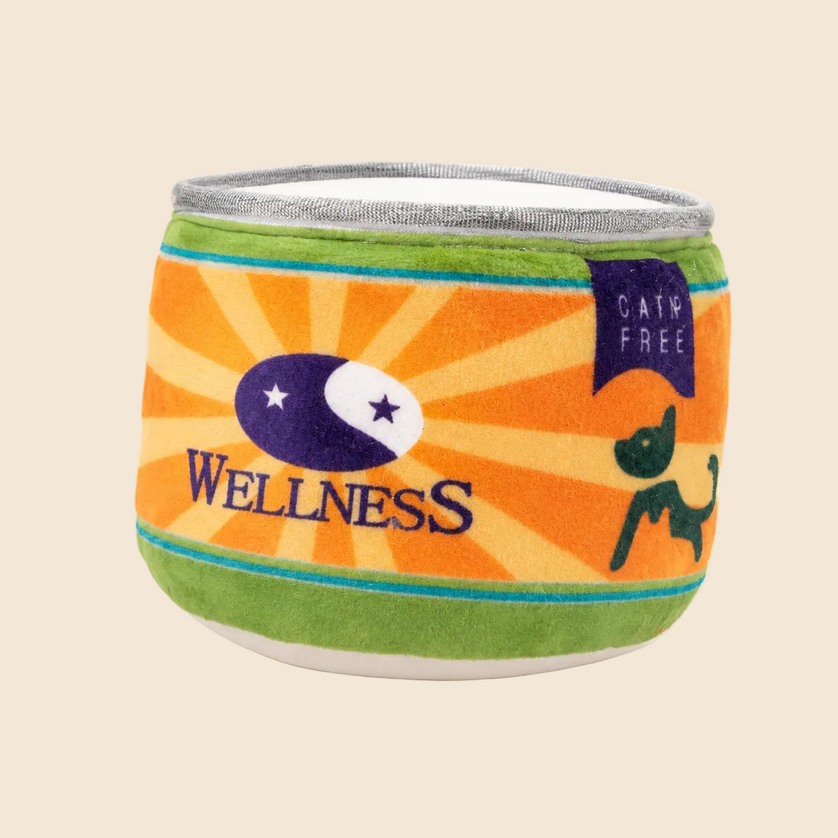 A plush cat toy designed to look like a canned soda, featuring a yellow-orange sunburst pattern, green top and bottom bands, and a purple 'WELLNESS' logo with a cat silhouette.