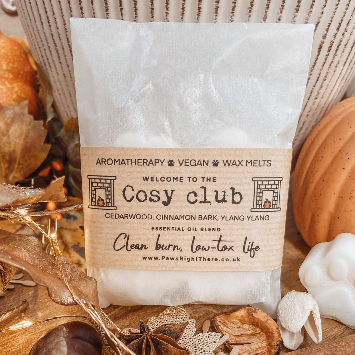 Cosy club wax melts packaging with label on a decorative background