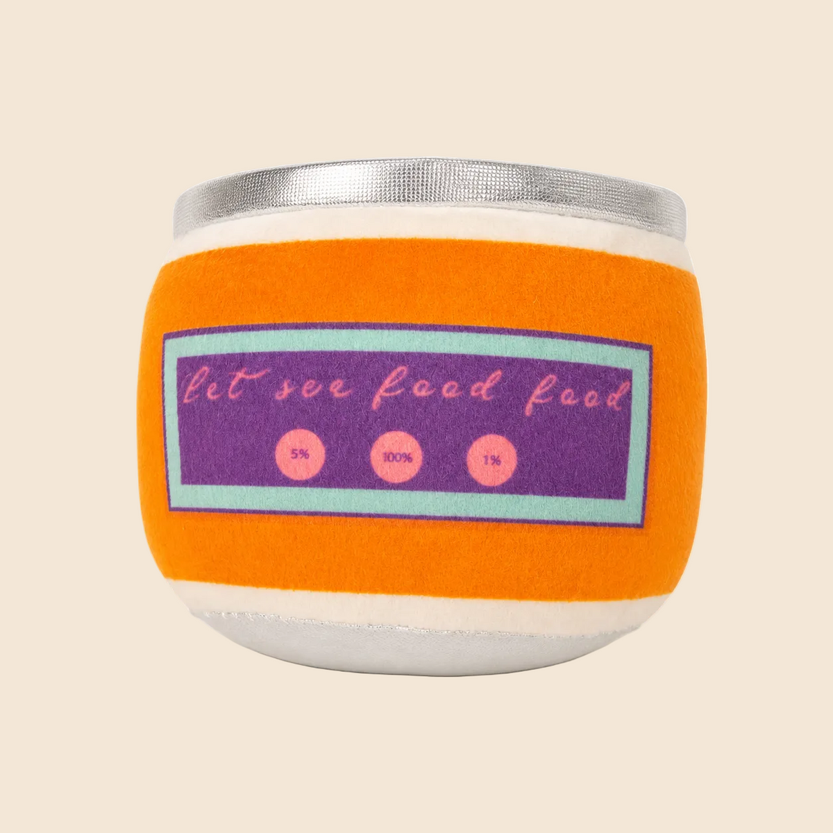A plush toy dog shaped like a jar, featuring an orange body, a purple label with pink text reading 'let sea food food', and a silver glittery lid, set against a plain off-white background.