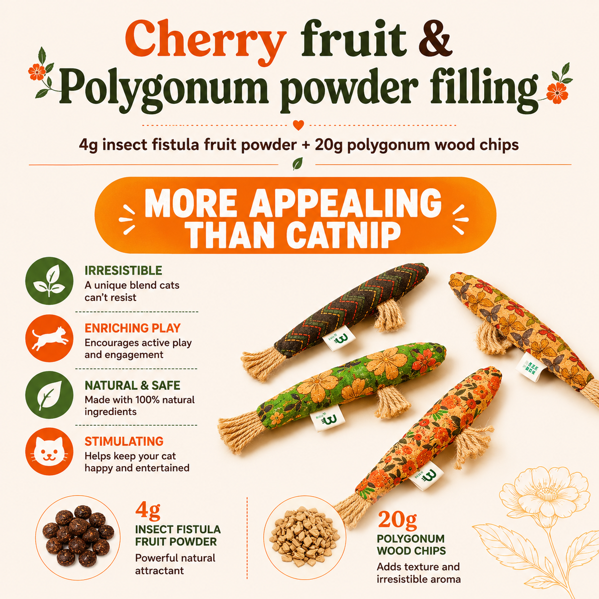 Promotional graphic for cat toys filled with cherry fruit and polygonum powder. The image shows four plush catnip-style toys with natural wood-tipped tails, arranged on a cream background with text callouts about ingredients and benefits.