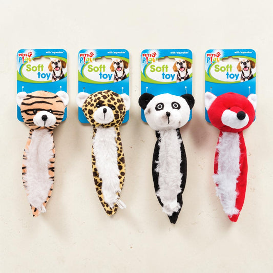 Four pet tug toys on blue retail cards against a light beige background. The toys are shaped like an tiger, cheetah, panda, and red panda, with plush fur and white inner tails.