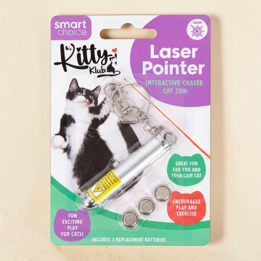 Kitty Klub Laser Pointer Interactive Chaser Cat Toy in its original retail blister packaging. The silver laser pointer keychain with a yellow warning label and three silver batteries is displayed against a black and white cat photo on the card backing.