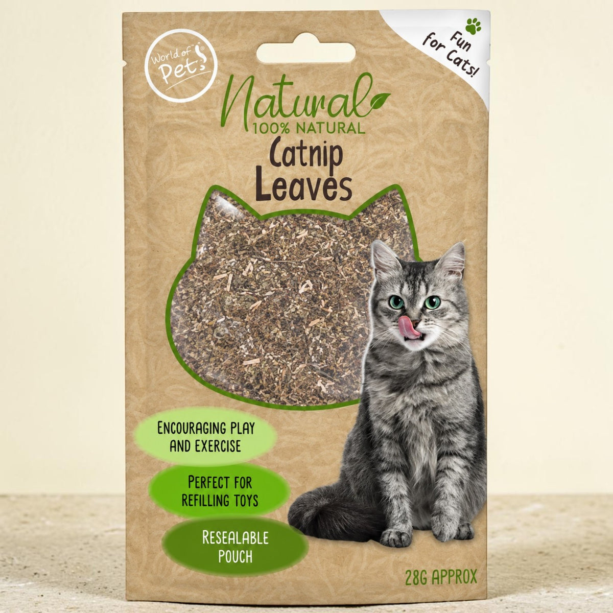 A package of Natural 100% Natural Catnip Leaves for cats, featuring a brown kraft paper bag with a clear window showing the dried leaves, a picture of a grey tabby cat, and green text badges.