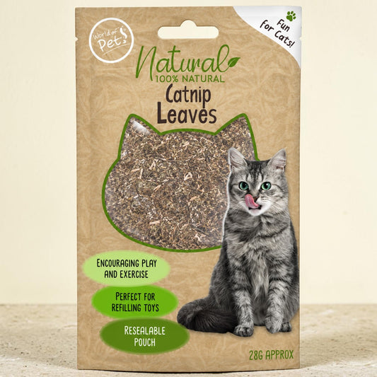 A package of Natural 100% Natural Catnip Leaves for cats, featuring a brown kraft paper bag with a clear window showing the dried leaves, a picture of a grey tabby cat, and green text badges.