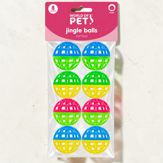 Pack of 8 colorful plastic jingle balls for cats by World of Pets, featuring blue, green, yellow, and pink balls in a clear plastic bag with a pink header card.