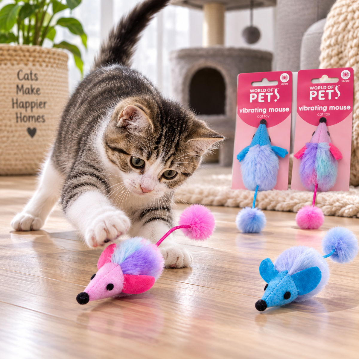 A gray and white tabby cat is shown in a home setting interacting with a colorful vibrating mouse toy on a wooden floor, with two more packaged toys and loose toys visible in the background.