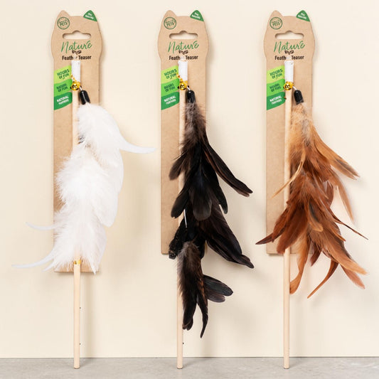 Three Nature's Feather Teaser cat toys on wooden sticks with cardboard hangers, shown in white, black, and brown feather options against a plain beige wall.
