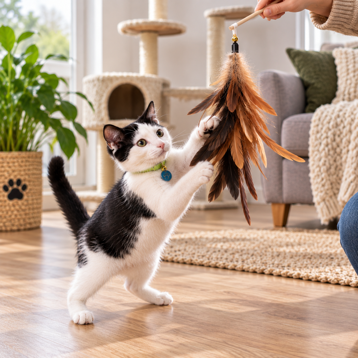 A black and white cat plays with a feather wand toy in a bright living room. The toy has brown, black, and beige feathers attached to a light wooden handle, held by a person whose hand and arm are visible in the upper right corner.