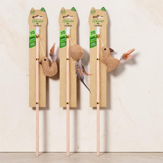 World of Pets Nature Cat Wands with wooden handles, natural-style bird and ball toys, feather detailing and bells in assorted designs.