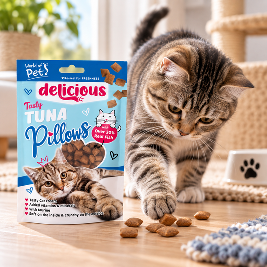 A tabby cat stands on a wooden floor beside a bag of Delicious Tasty Tuna Pills cat treats, with several kibble pieces scattered in front. The bag is blue and white with a cat photo and the brand name 'Delicious' prominently visible.