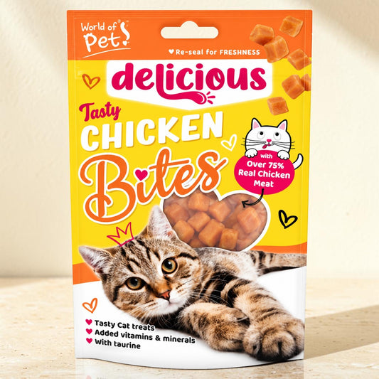 A bag of Delicious Tasty Chicken Bites cat treats, featuring a yellow and orange package with a tabby cat illustration and a clear window showing the cube-shaped chicken bites inside.