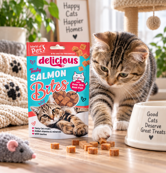 A tabby kitten reaches for salmon-shaped cat treats scattered on a wooden floor beside a white bowl, with the World of Pets Delicious Salmon Bites packaging standing nearby in a bright indoor setting.