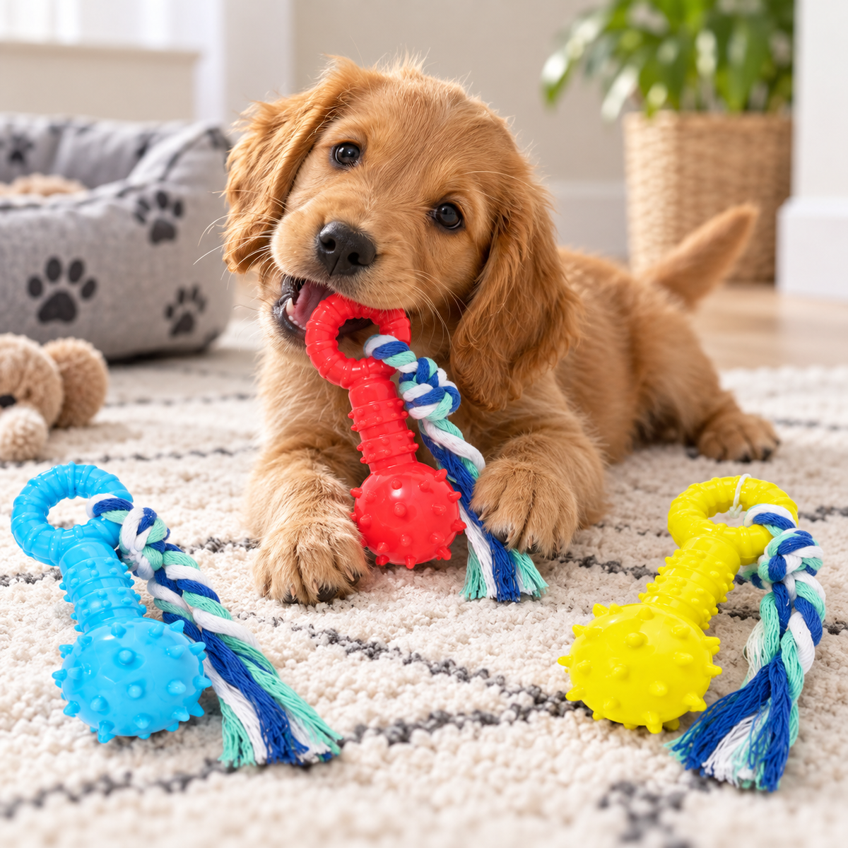 A golden retriever puppy lies on a cream rug in a bright room, chewing on a red rope toy while three colorful dog toys are scattered around it.