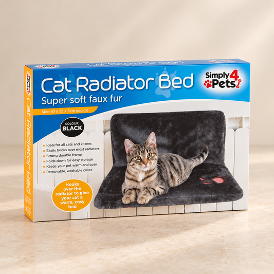 Boxed pet product labeled 'Cat Radiator Bed' in blue packaging, with a photo of a tabby cat lying on the bed on the front. The brand 'Simply 4 Pets' is visible, and the product color is marked as black.