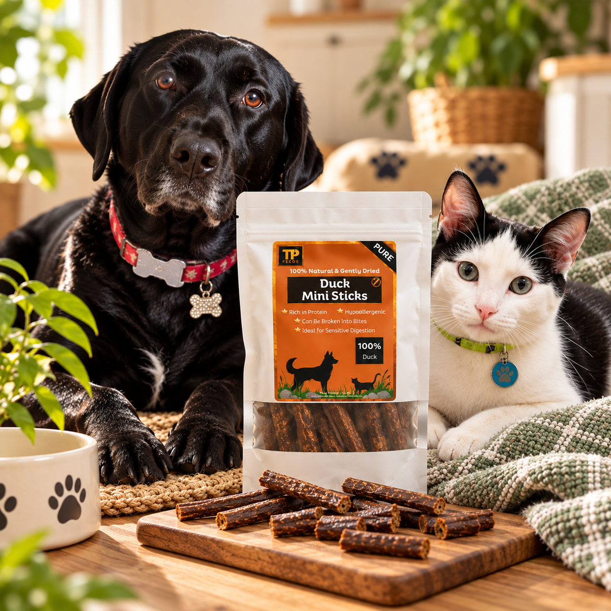 A black Labrador and a black-and-white cat sit on a wooden floor around a stand of TP Duck Mini Sticks dog treats. The treats are displayed in a clear stand with several mini sticks placed in front on a wooden board.