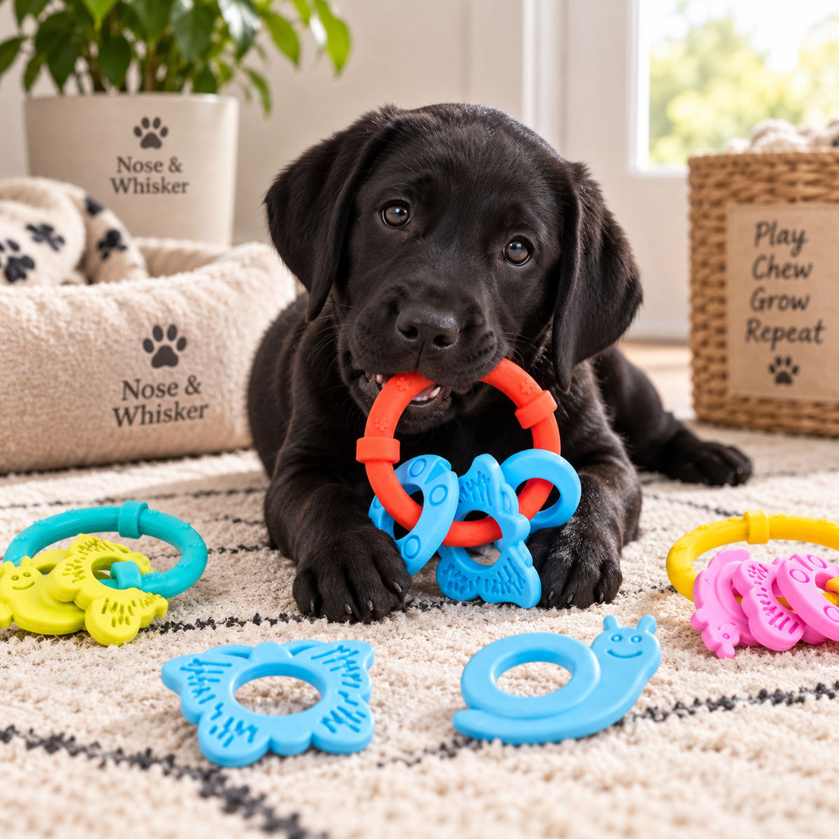 A black puppy lying on a patterned rug, holding a colorful interlocking ring toy in its mouth. Several bright plastic dog toys are scattered around it on the rug, with a pet bed, plant, basket, and window visible in the background.