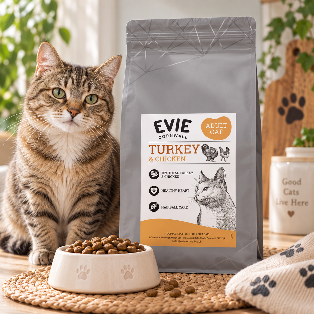 A bag of Evie Cornwall Turkey & Chicken adult cat food stands on a woven mat next to a white bowl of kibble, with a tabby cat sitting beside it in a warm indoor setting.