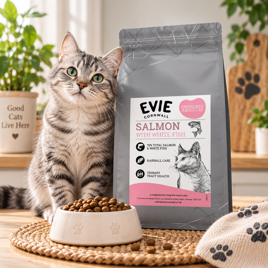 A gray bag of EVIE CORNWALL Salmon with White Fish cat food stands next to a real cat on a wooden surface, with a bowl of kibble in front. The scene is styled with indoor plants, a woven mat, and a cozy blanket.