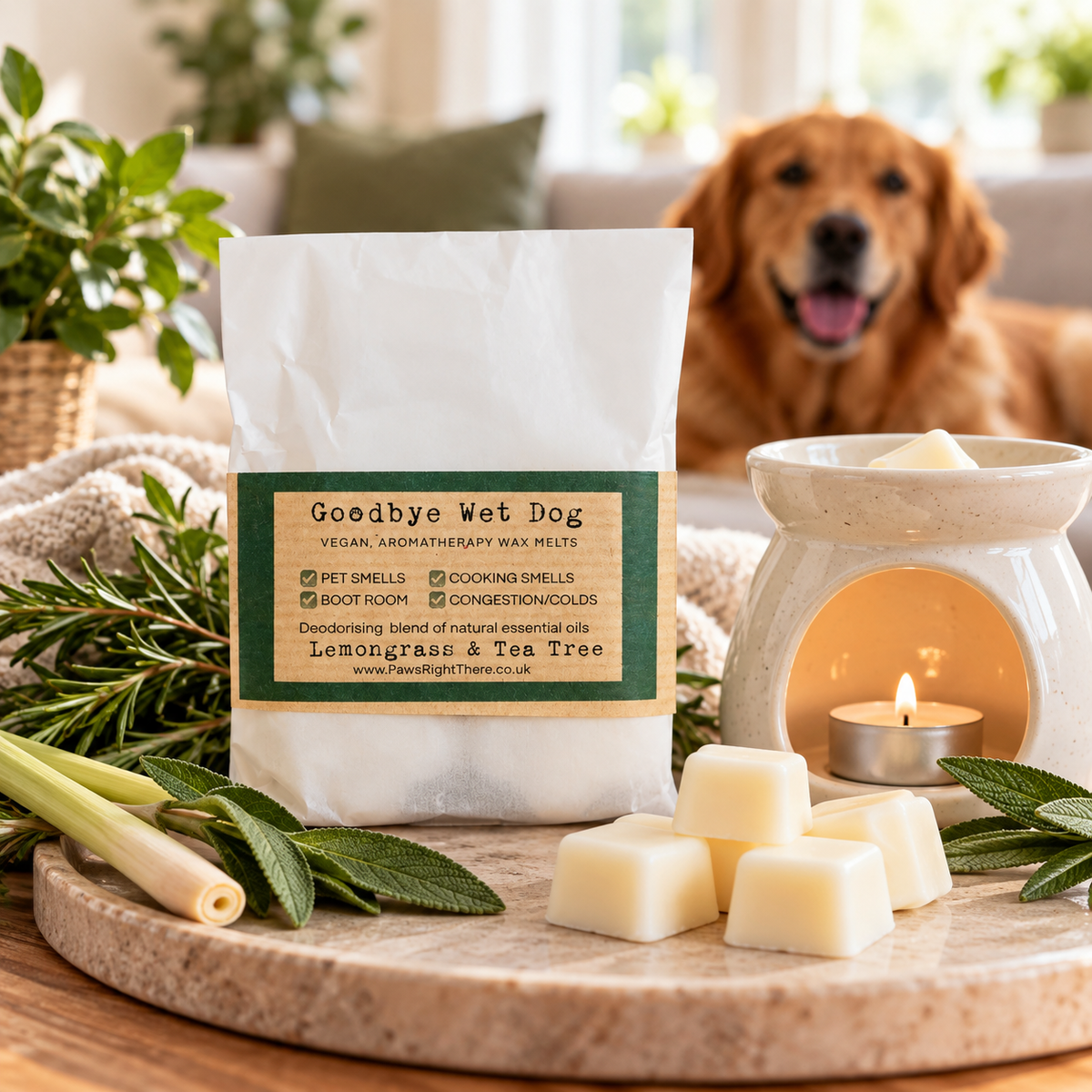 A white bag of 'Goodbye Wet Dog' vegan aromatherapy wax melts on a wooden tray, surrounded by fresh lemongrass, rosemary, and several wax melts. A ceramic wax warmer with a lit tea light candle and a golden retriever dog in the background complete the cozy scene.