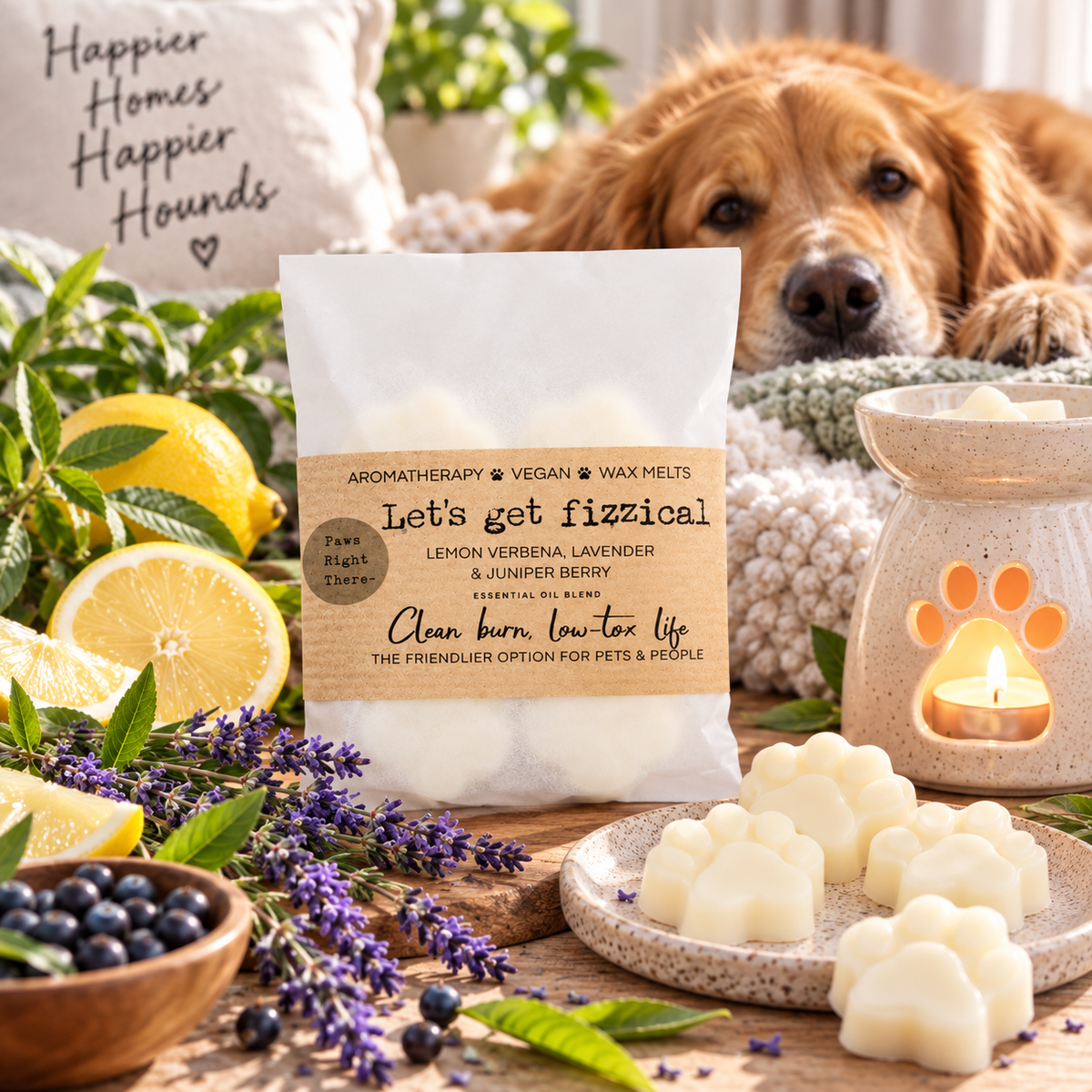 A bag of aromatherapy wax melts labeled 'Let's get fizzzical' is displayed on a table with several white paw-shaped wax melts, a lit candle in a wax warmer, lemons, lavender, blueberries, and a golden retriever in the background.