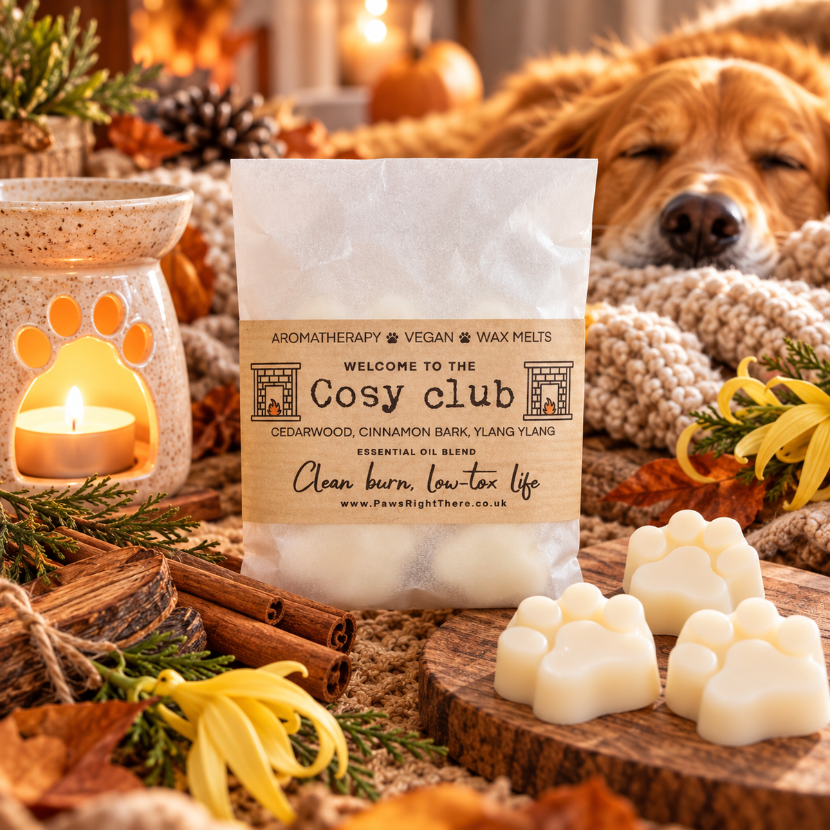 Paws Right There Cosy Club wax melts with cedarwood cinnamon bark and ylang ylang