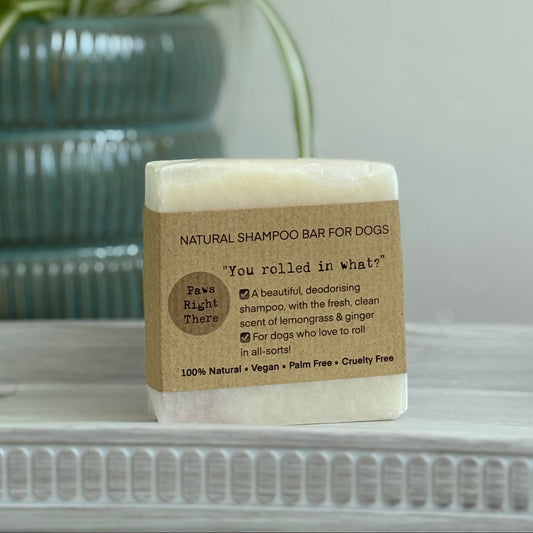 A rectangular bar of natural shampoo bar for dogs with a brown kraft paper label, sitting on a white textured surface with a blurred teal ribbed vase in the background.