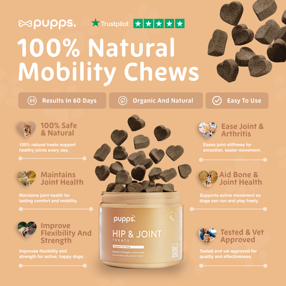 Puppies 100% Natural Mobility Chews packaging with product details on a beige background