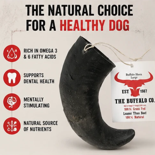 A buffalo horn dog chew toy with a hanging tag, shown on a light textured background with marketing text and icons about its benefits for a healthy dog.
