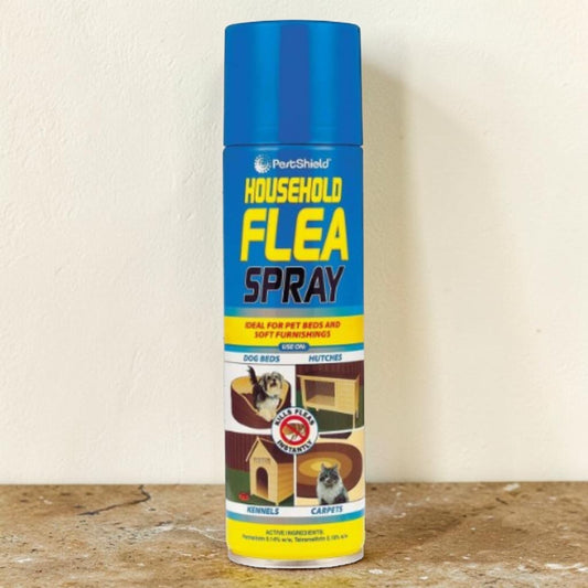 A can of PetsShield Household Flea Spray standing upright on a stone-like surface against a plain beige wall. The spray can is blue and white with yellow and black text, and includes small product-use photos on the label.