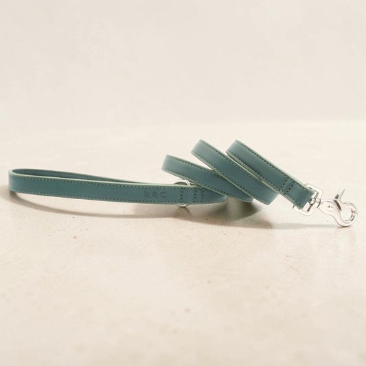 A teal blue faux leather dog leash with a silver metal clasp, coiled on a light beige textured surface.