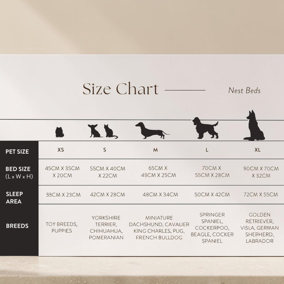 A size chart diagram for measuring nest beds, showing pet sizes from XS to XL with silhouette icons of different dogs and cats, plus bed size and sleep area measurements in centimeters and inches.